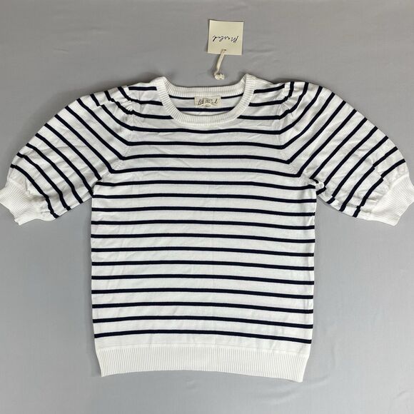 Marled Short Sleeve Sweater Women's Small Ivory Navy Stripped Preppy Basic - Picture 14 of 14